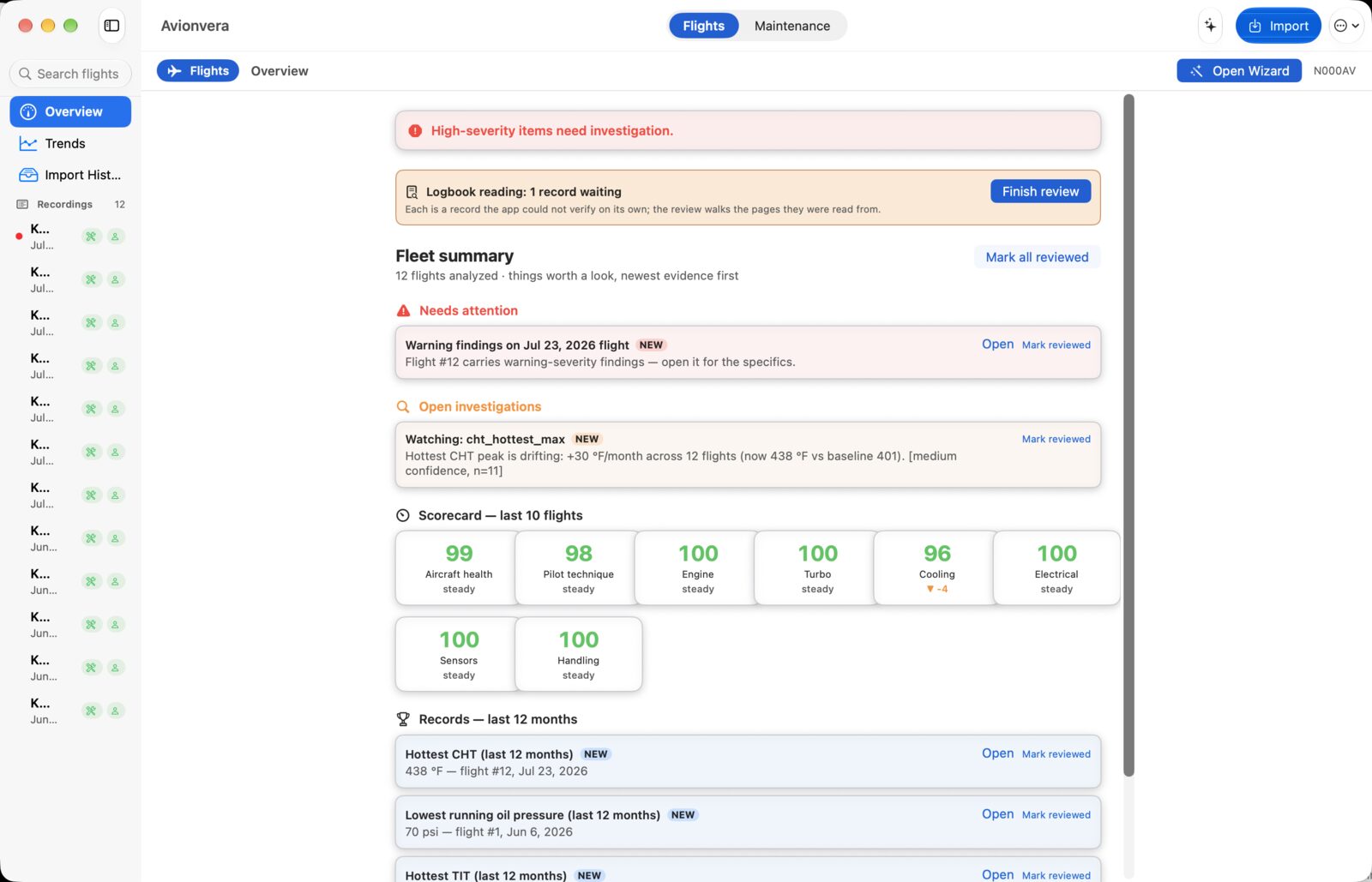 Summary for a demo aircraft: a warning on the latest flight, an investigation into a drifting cylinder head temperature, a logbook record waiting, and a scorecard